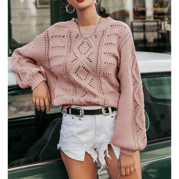 MBM Unlimited Sweaters - Pink Pointelle Knit Bishop Sleeve Sweater